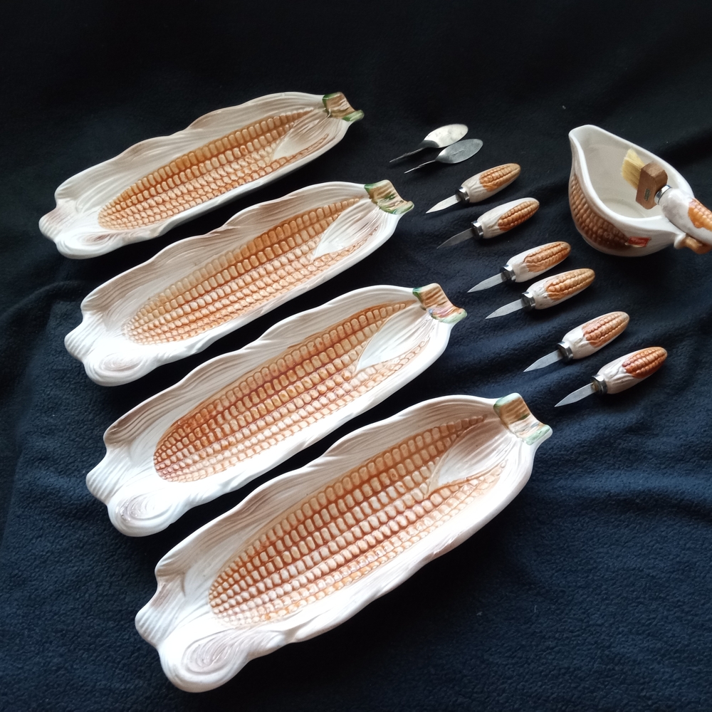 VTG CORN ON THE COB SET 4 Plates, Melted Butter Boat Dish & Brush, Skewers JAPAN